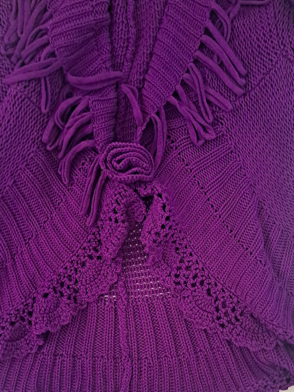 Citiknits Plum Purple Knit Ruffle Fringe Cardigan with Rose Detail 1X Boho - Picture 11 of 12